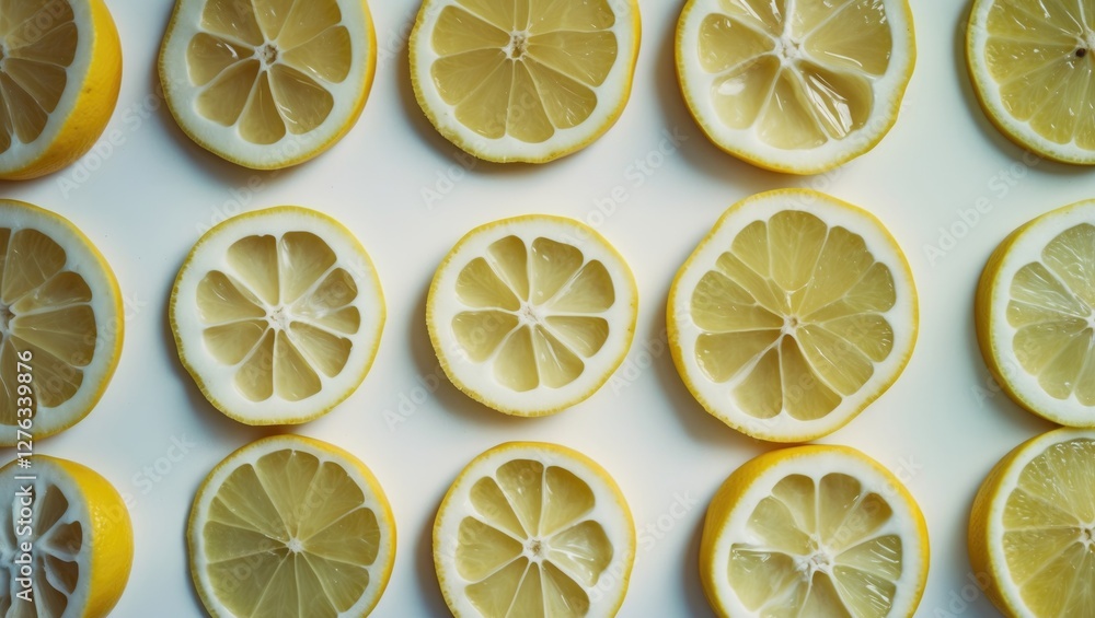 Poster sliced lemon halves arranged neatly on a white background displaying their yellow rind and juicy int