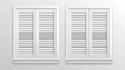 Fototapeta premium Two closed white shuttered windows with elegant frames and horizontal slats