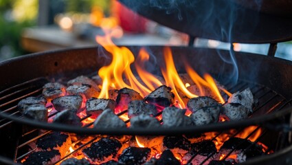 grill with charcoal and flames in outdoor setting during summer barbecue cooking