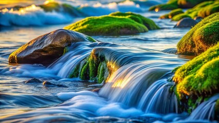Slow Motion Ocean Waves Crashing Mossy Rocks - Coastal Macro Photography