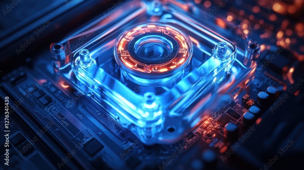 Poster advanced computer processor with blue and orange lighting on circuit board
