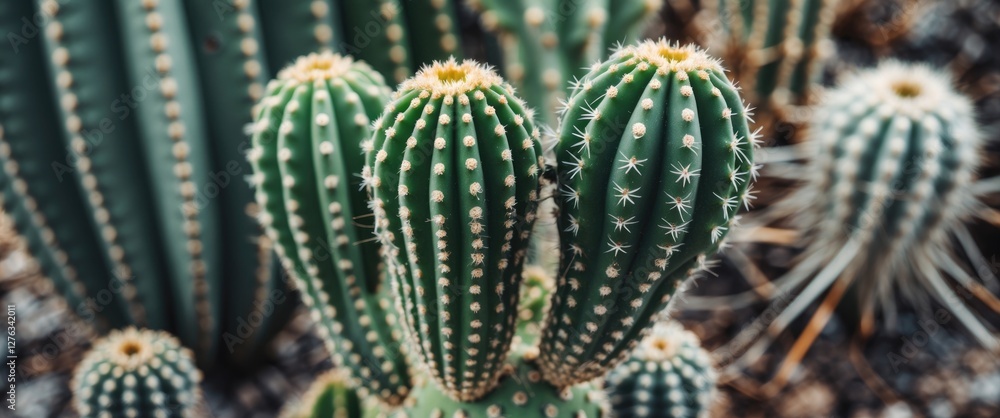 Poster close-up of various cacti with distinctive spines and green textures in natural desert environment.