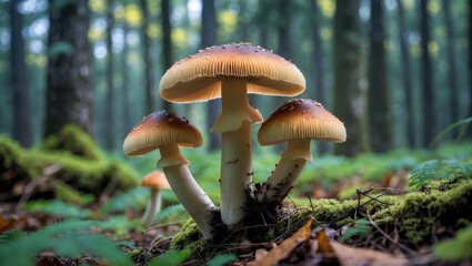 Fototapeta premium Mushrooms with orange caps growing among green foliage in a misty forest setting during daylight.