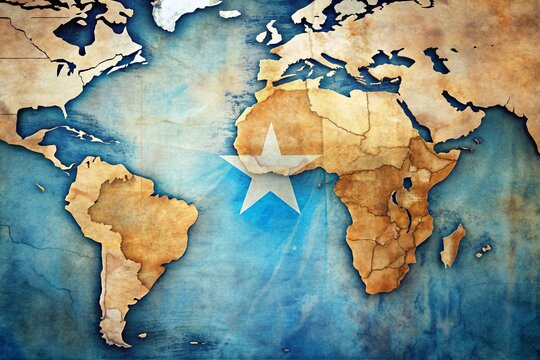 Somalia Double Exposure: Detailed Map & Flag on World Map - Stock Photo