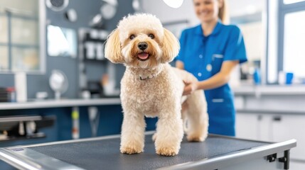 pet grooming and spa concept. A groomed dog stands on a table while a smiling groomer attends to it in a bright, modern grooming salon.
