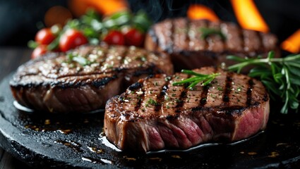 Grilled beef steaks with grill marks on a sizzling stone plate garnished with fresh herbs and cherry tomatoes against a smoky background.