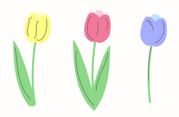 Vector spring clipart with simple colorful tulips isolated on a light background. Cute decorative spring flowers in pastel shades    