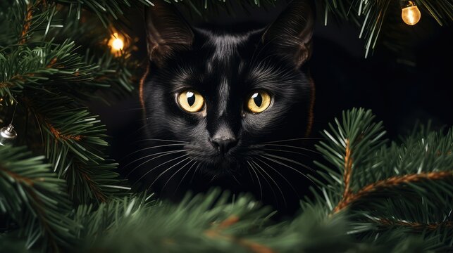 green cat in christmas tree