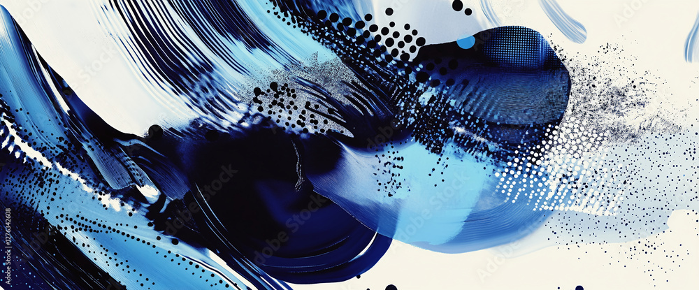 Poster Abstract artwork featuring swirling blue, black, and white paint strokes, with dotted patterns creating dynamic movement and artistic flair in a modern visual style.
