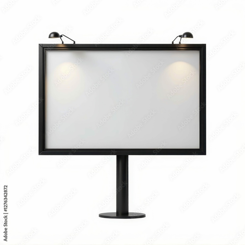 Poster illuminated blank signboard on pole stand isolated on white simple advertisement display backdrop mo