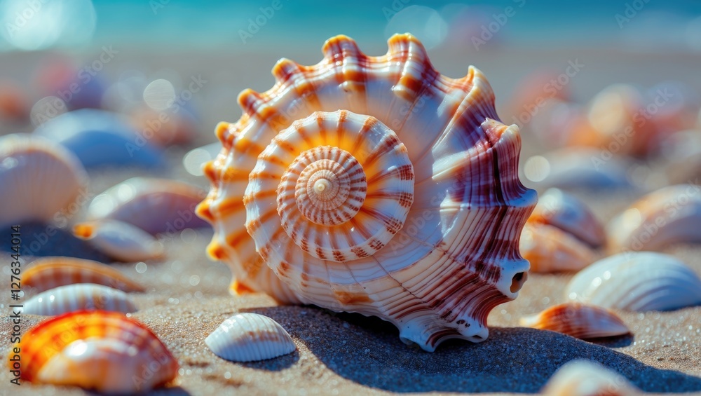 Poster close-up of a spiral seashell on sandy beach with various other seashells in the background under so