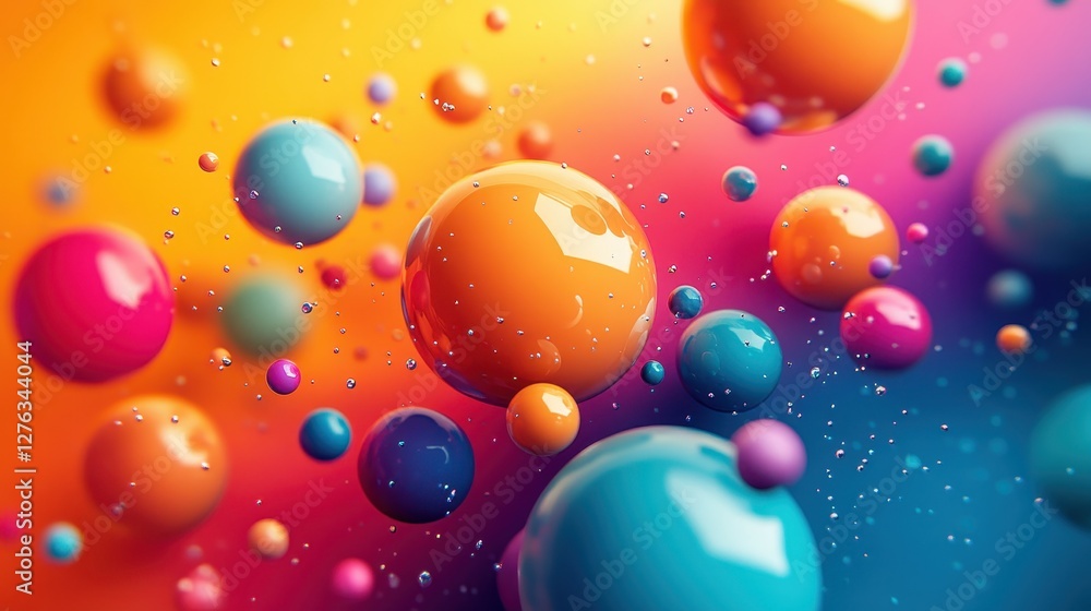 Poster colorful abstract spheres floating in vibrant gradient background with bokeh effect