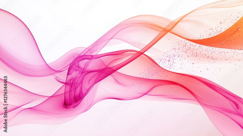 Poster abstract fluid waves in pink and orange tones with floating particles on white background