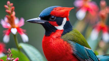 Obraz premium Colorful bird perched among vibrant flowers with green foliage in background, showcasing detailed plumage and natural habitat.