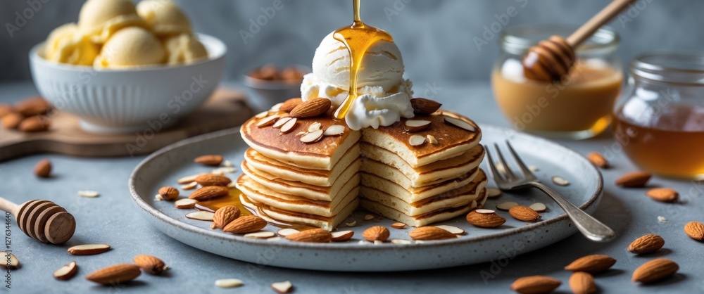 Poster stack of pancakes topped with ice cream and honey drizzle surrounded by almonds and bowls of ice cre