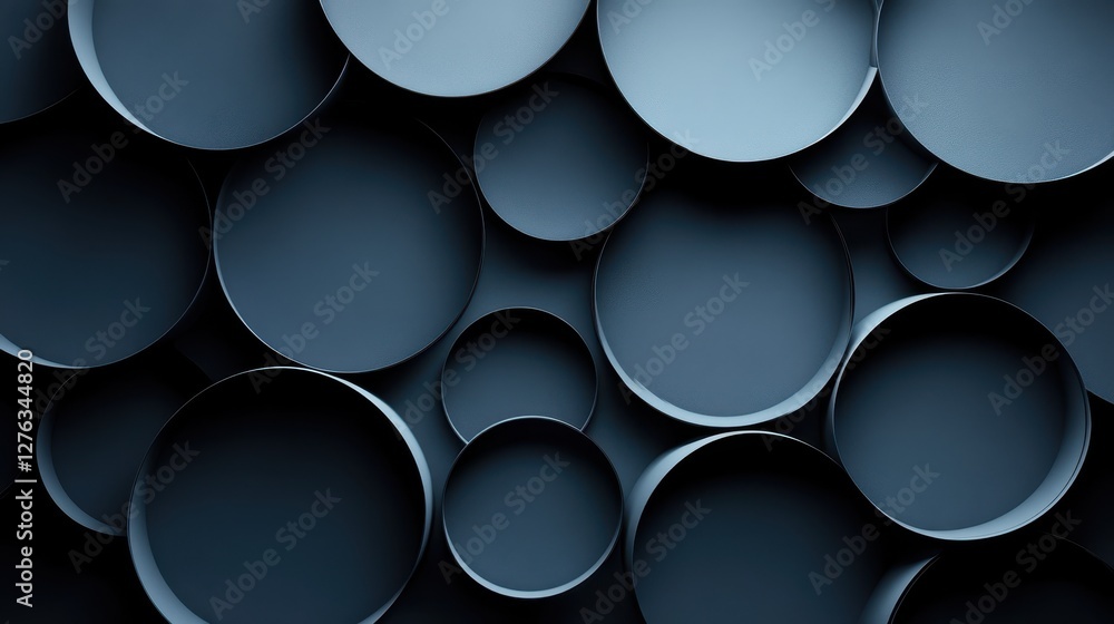 Poster abstract art of overlapping dark blue circles with shadows and depth on a flat surface