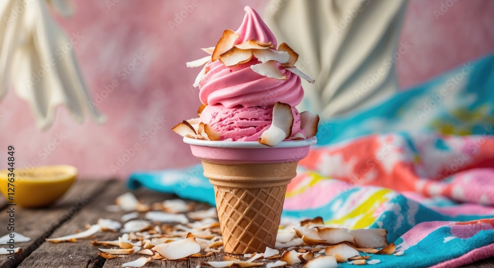 Poster pink ice cream cone topped with coconut flakes on a wooden table with colorful fabric in the backgro