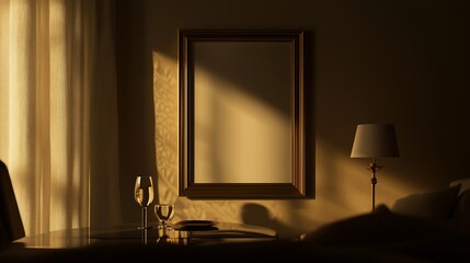 Sunlit room interior with empty frame, glasses, and lamp.