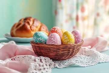 Colorful Easter eggs in a basket and Easter bread on a festive table