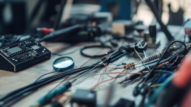 Damaged cables spread out across a table in an electronics lab. Featuring technical diagnostics and repair