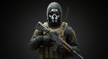 Naklejka premium Soldier Holding Rifle with Skull Mask Tactical Gear Illustration