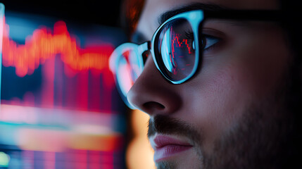 Focused Trader Analyzing Stock Market Data on Computer Screen at Night