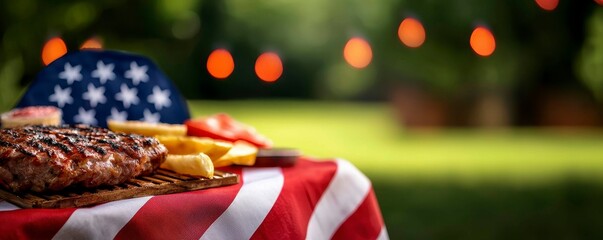 Outdoor Summer Barbecue with Grilled Burger and Festive American Flag Decor at Backyard Party