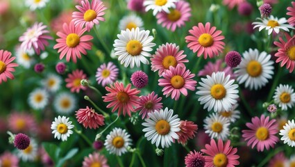 Fototapeta premium Colorful blooming daisies with pink and white petals in a garden setting during daylight. Lush greenery in the background.