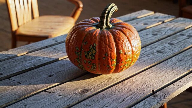 A rustic video concept featuring a pumpkin on a weathered wooden table. Captured from a side angle, highlighting natural textures and warm tones.