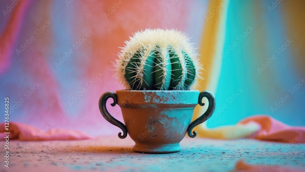 Aufkleber cactus with white spines in ornate pot on colorful fabric background with soft textures and gradient