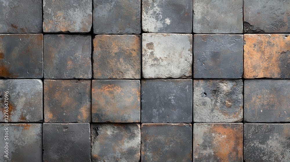 Poster rustic stone tile wall background with weathered square blocks in gray and orange hues