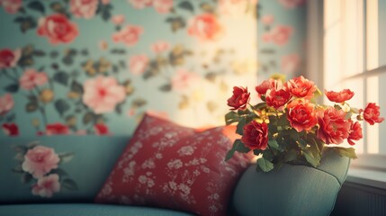 Sunlit room with red roses on sofa and floral wallpaper on a cozy afternoon