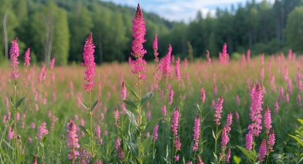 Obraz premium Pink wildflowers in a lush green field under a cloudy sky during daytime in a natural landscape setting.