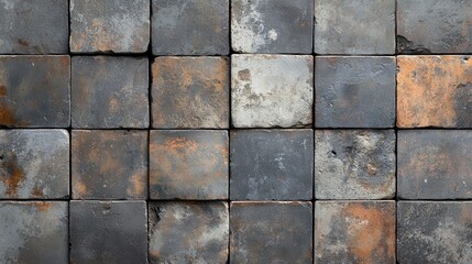 Fototapeta premium Rustic stone tile wall background with weathered square blocks in gray and orange hues