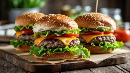 Three delicious cheeseburgers stacked with lettuce, tomato, and cheddar cheese on wooden table in rustic setting
