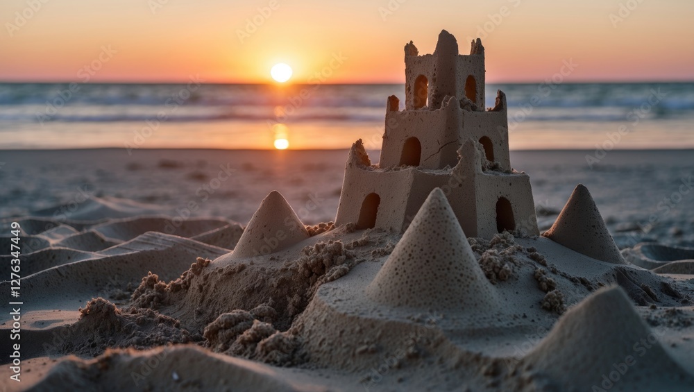 Poster sand castle at sunset on a beach with ocean waves in the background creating a tranquil seaside atmo