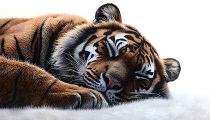 Obraz premium A beautiful tiger peacefully sleeps on a white soft surface