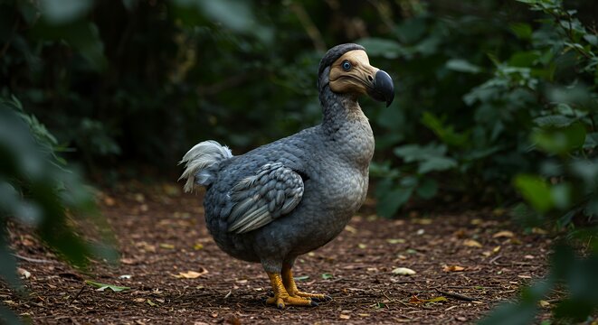 Dodo Bird Standing in Forest Clearing Under Natural Sunlight
