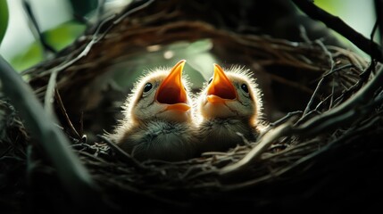 Bird in nest on tree in Spring.