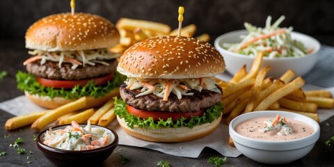 Delicious gourmet burgers with lettuce, tomato, and coleslaw served with French fries and dipping sauces on a dark background