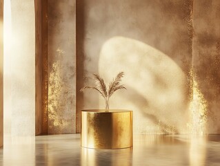 Opulent gold pedestal with a glossy metallic finish, placed in a highend showroom with warm ambient lighting and subtle sparkles 3D rendering