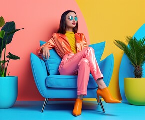 Stylish Asian woman in vibrant pink outfit and sunglasses posed confidently on a bright blue chair against colorful background. Confident Stride, Woman’s Streetwear Statement, Glossy Pants