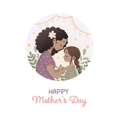 Mother's Day. Square card, dark-skinned mom hugging her daughter