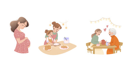 Mother's Day. Set, mother and child, grandmother and mother, mother and daughter, pregnant woman