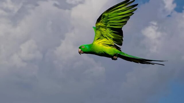 Green parrot flying in blue sky with clouds, freedom and nature concept