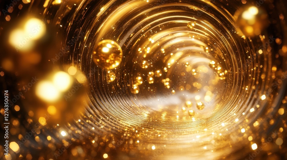 Poster shimmering golden particle tunnel with glowing spheres in motion