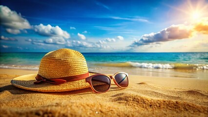Sunny Beach Vacation Essentials: Straw Hat, Sunglasses, and Sandcastles
