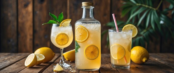 Fototapeta premium Lemonade pitcher with glasses garnished with lemon slices and fresh mint on wooden table with lemons in a rustic setting