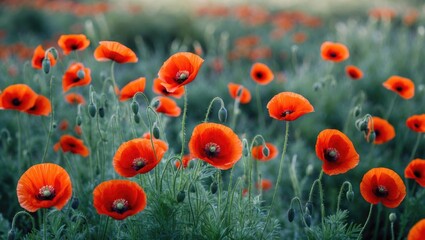 Obraz premium Field of vibrant red poppy flowers in full bloom surrounded by green foliage under natural sunlight.