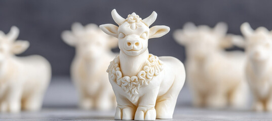 Intricately carved yak butter sculptures of cows on display